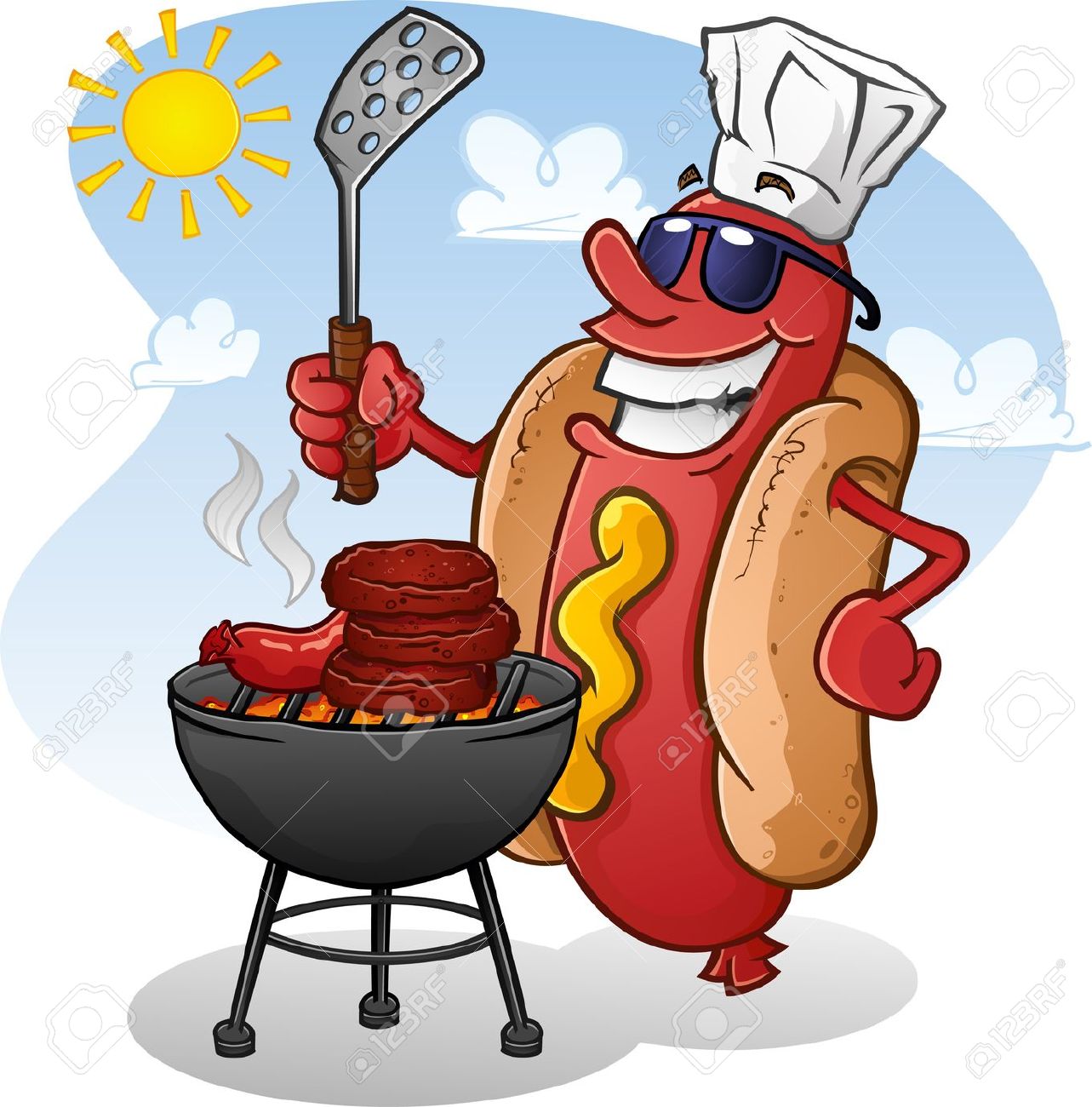 19650098-Hot-Dog-Cartoon-Character-Grilling-Burgers-Stock-Vector